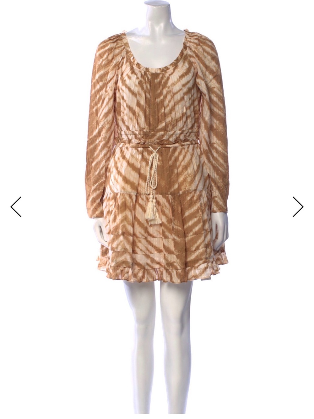 ULLA JOHNSON Naira Beige Tie-Dye Long Sleeve Mini Dress with Tassel Waist